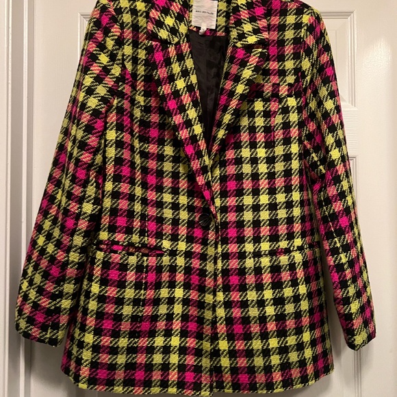 Avec Les Filles Neon Pink, Yellow & Black Plaid Blazer - Picture 4 of 5